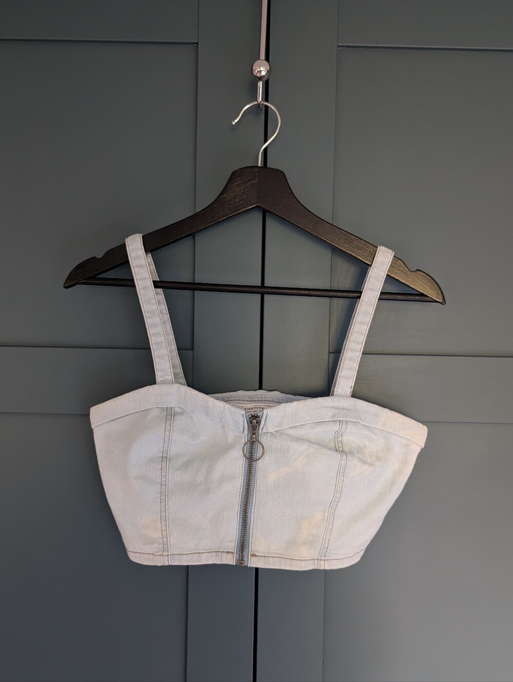 Ardene Light Wash Denim Crop Top with Front Zip | Small